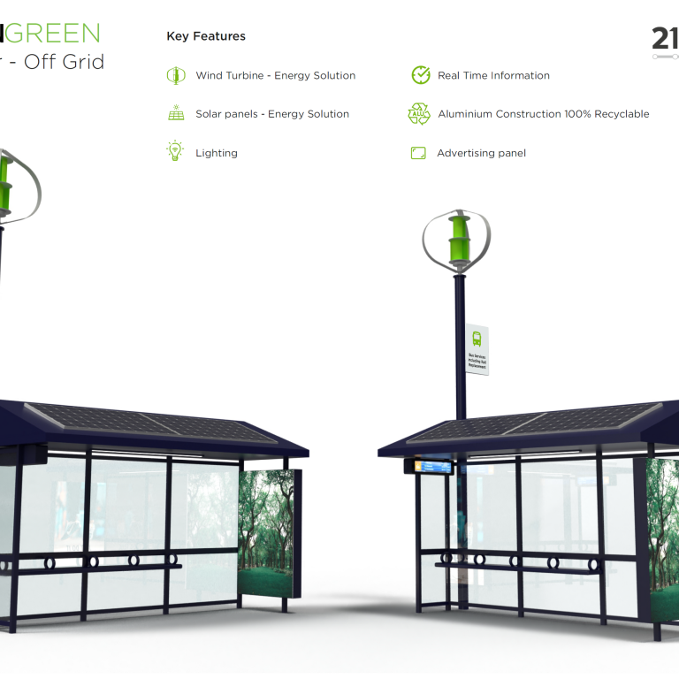 Sustainable bus shelters in the UK. Displays powered with wind turbines and solar panels