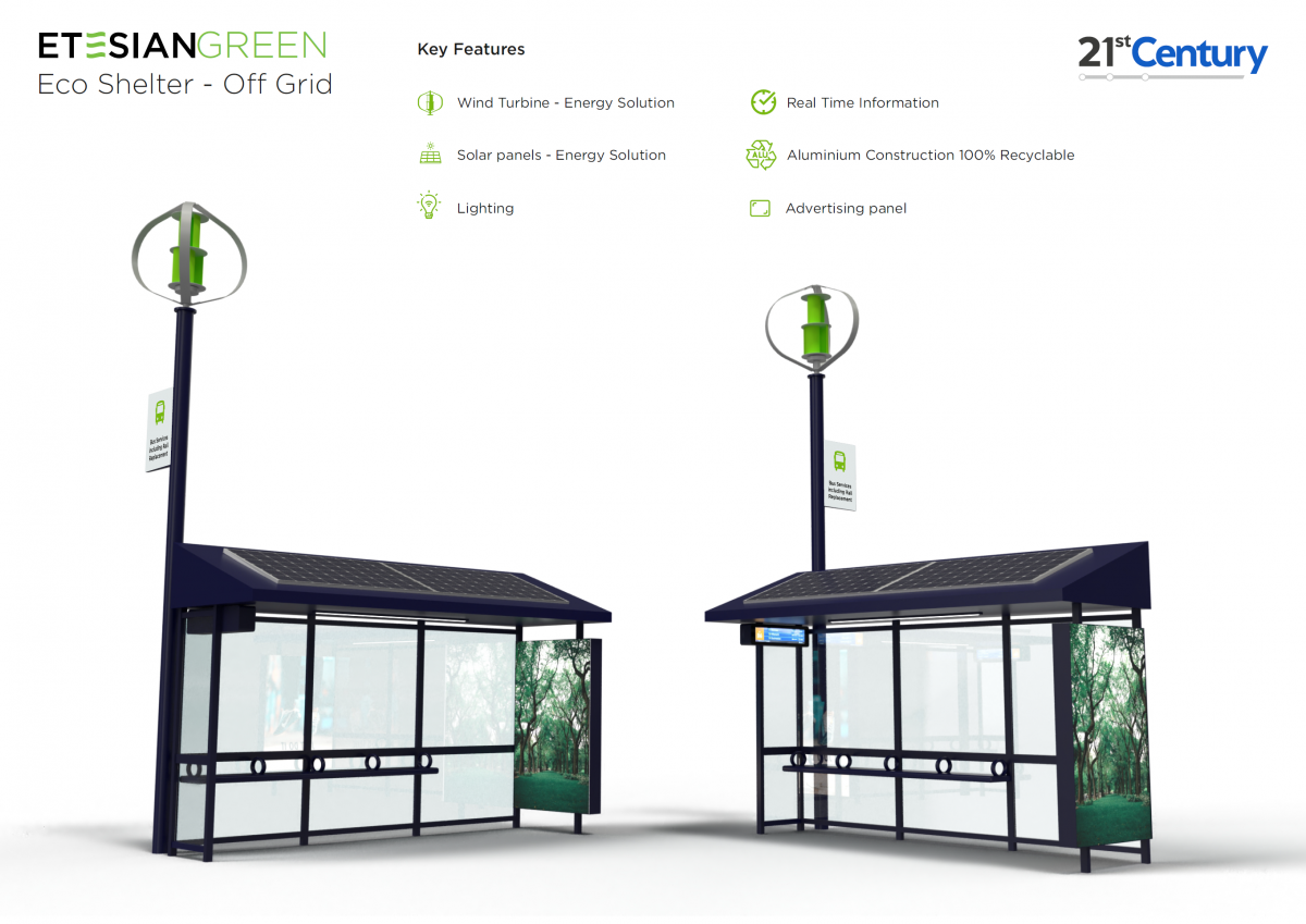 Sustainable bus shelters in the UK. Displays powered with wind turbines